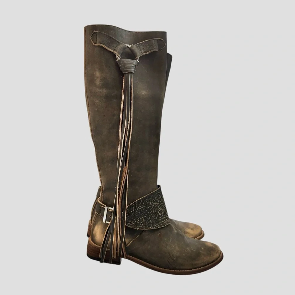 Very Volatile Rainstorm Knee High Tan Boots Tall Leather Boots With Fringe